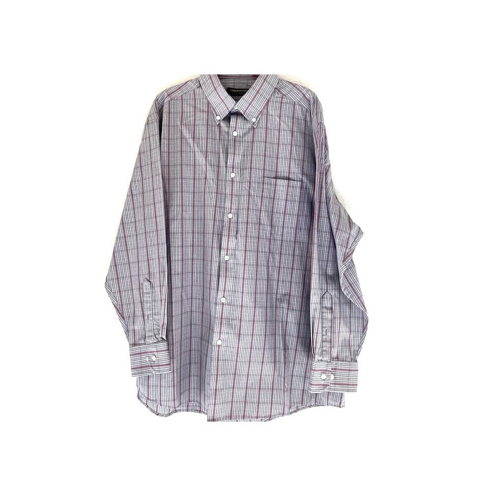 John Bartlett gray/white plaid long sleeve dress burgundy stripe 17 1/2 neck